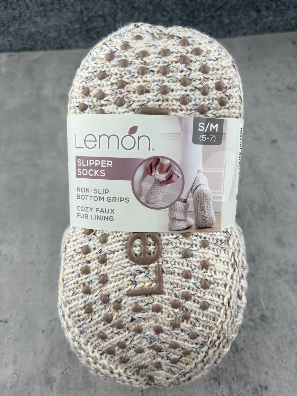 Lemon Slipper Socks S/M Ivory Turn Cuff  Non Slip Fur Lined New